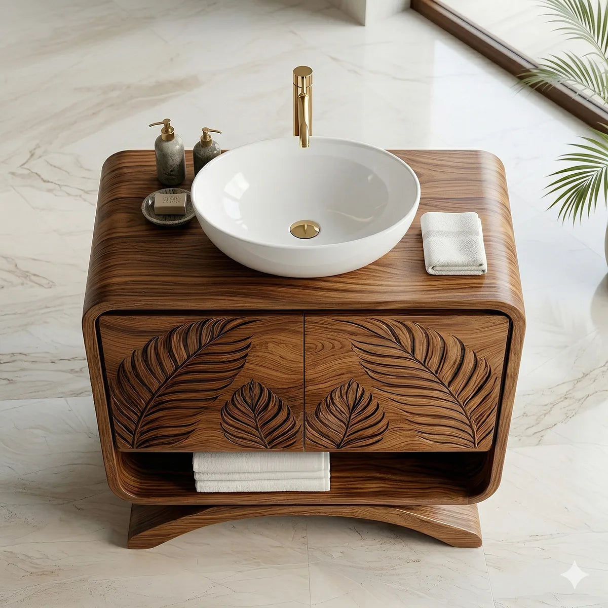 Handcrafted Solid Wood Vanity Cabinet with Carved Doors