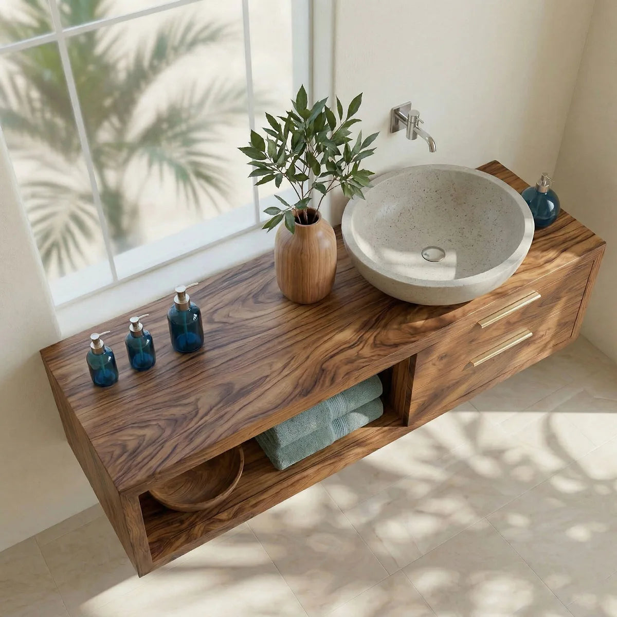 Natural Wood Floating Vanity Idea For Bathroom Upgrade