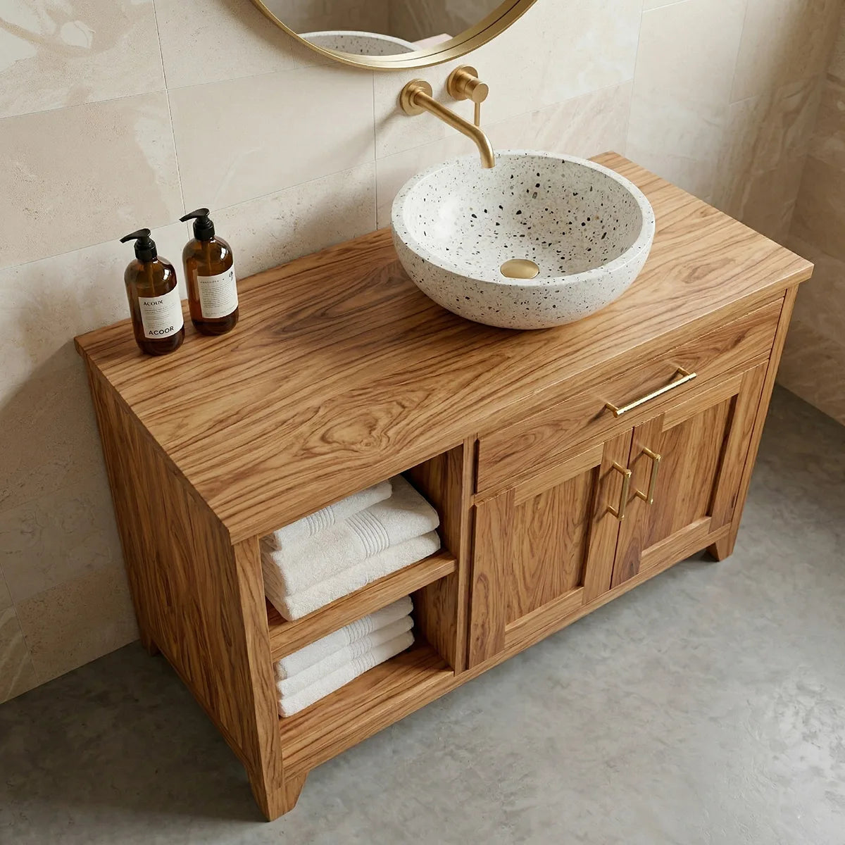 Traditional Bathroom Vanity Cabinet with Storage in Natural Solid Wood
