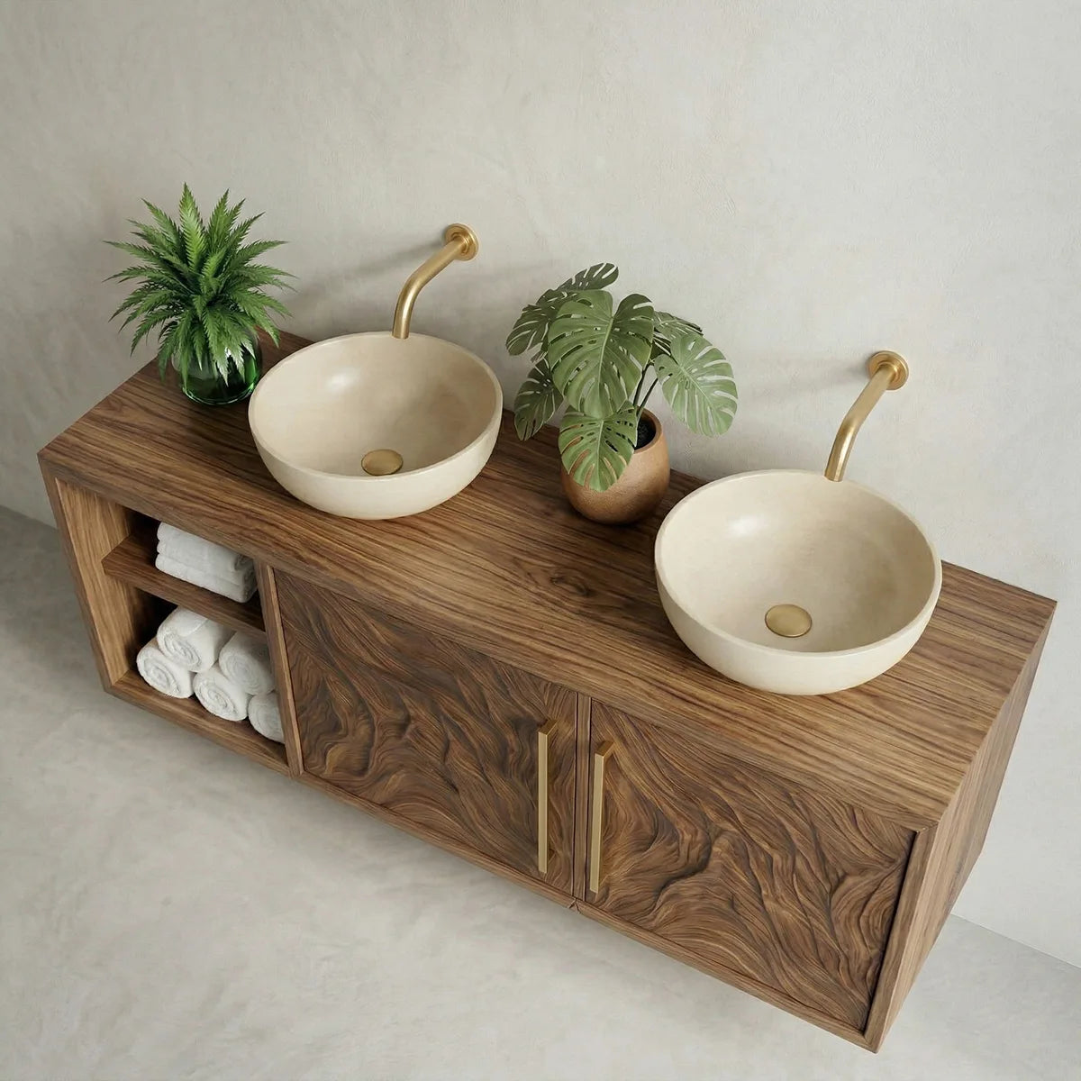 Handcrafted Solid Wood Floating Bathroom Vanity Cabinet with Carved Doors and Open Shelf