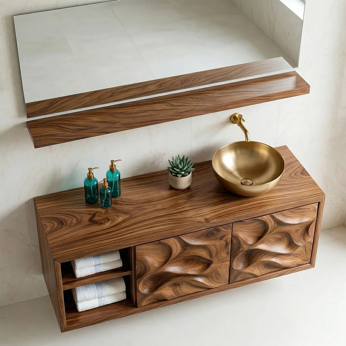 Handcrafted Natural Solid Wood Floating Vanity Cabinet with Carved Doors and Open Shelf