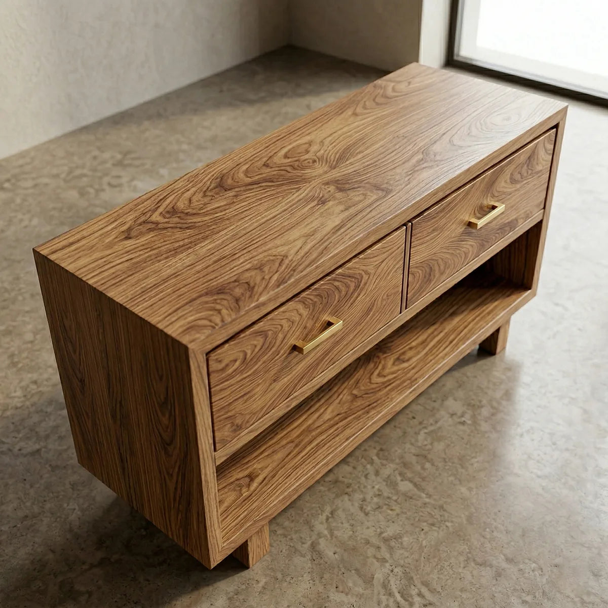 Handcrafted Natural Solid Wood Vanity Cabinet with Drawers and Open Shelf