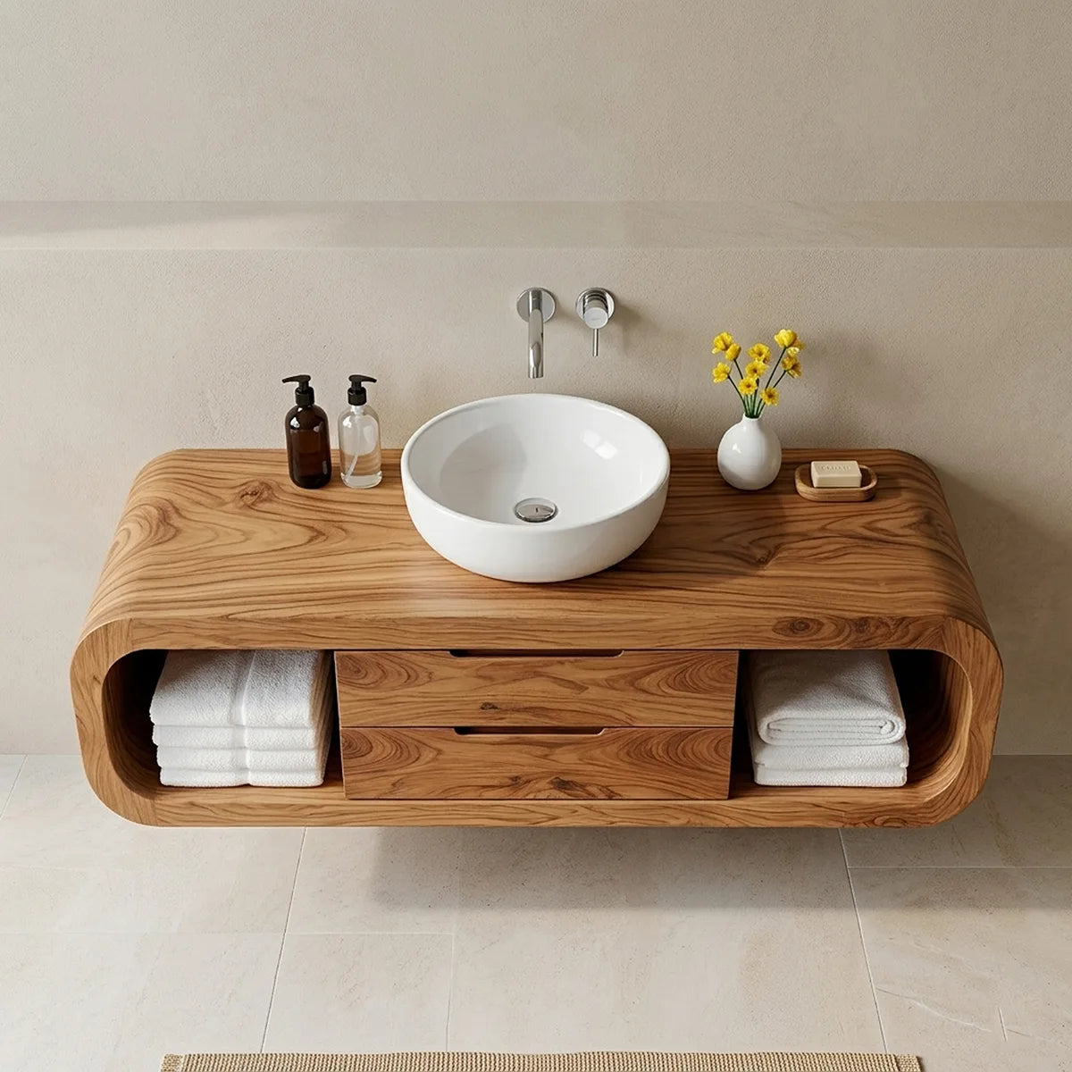 Handcrafted Curved Solid Wood Floating Vanity Cabinet with Drawers and Open Shelves