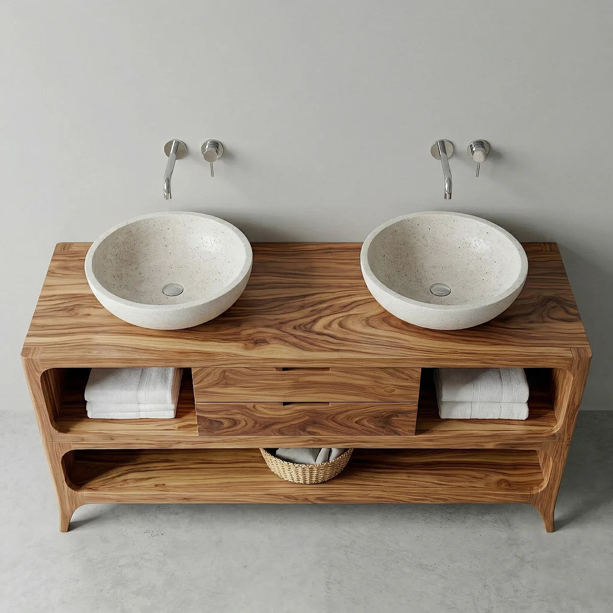 Handcrafted Natural Solid Wood Vanity Cabinet with Drawers and Open Shelves