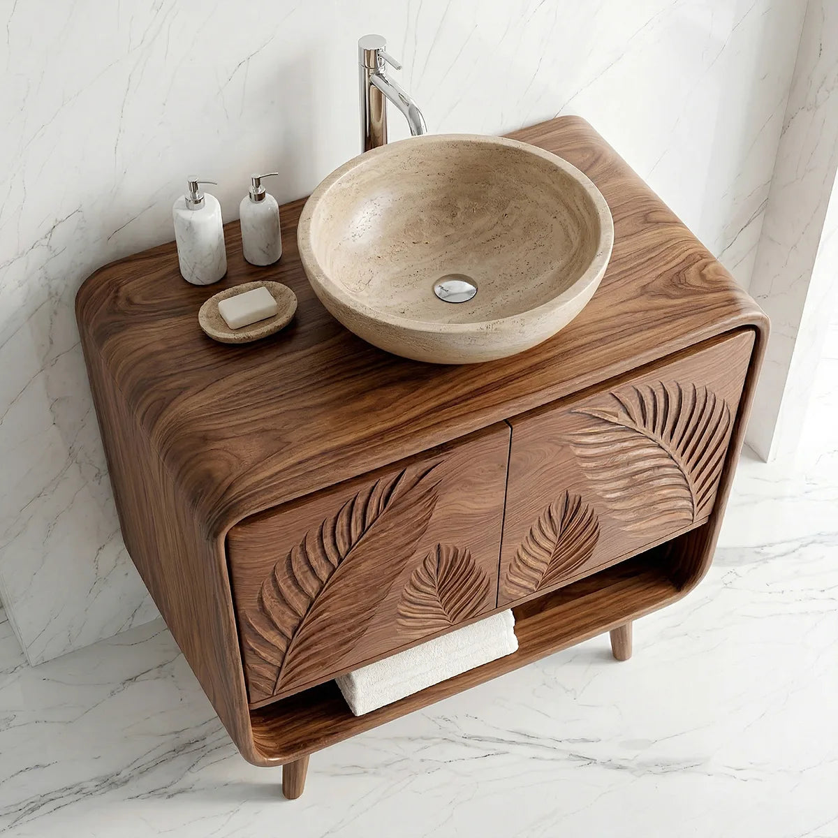 Handcrafted Solid Wood Vanity Cabinet with Carved Doors and Open Shelf
