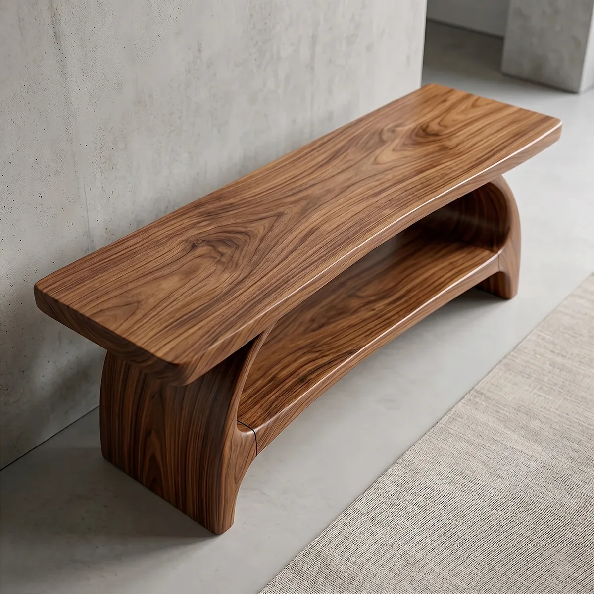 Handcrafted Solid Wood Entryway Bench with Sculptural Shelf for Modern Organic Interiors