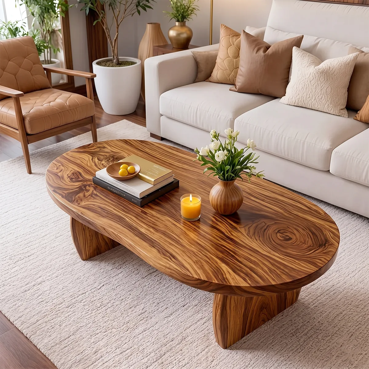 Modern Solid Wood Oval Coffee Table with Curved Slab Legs