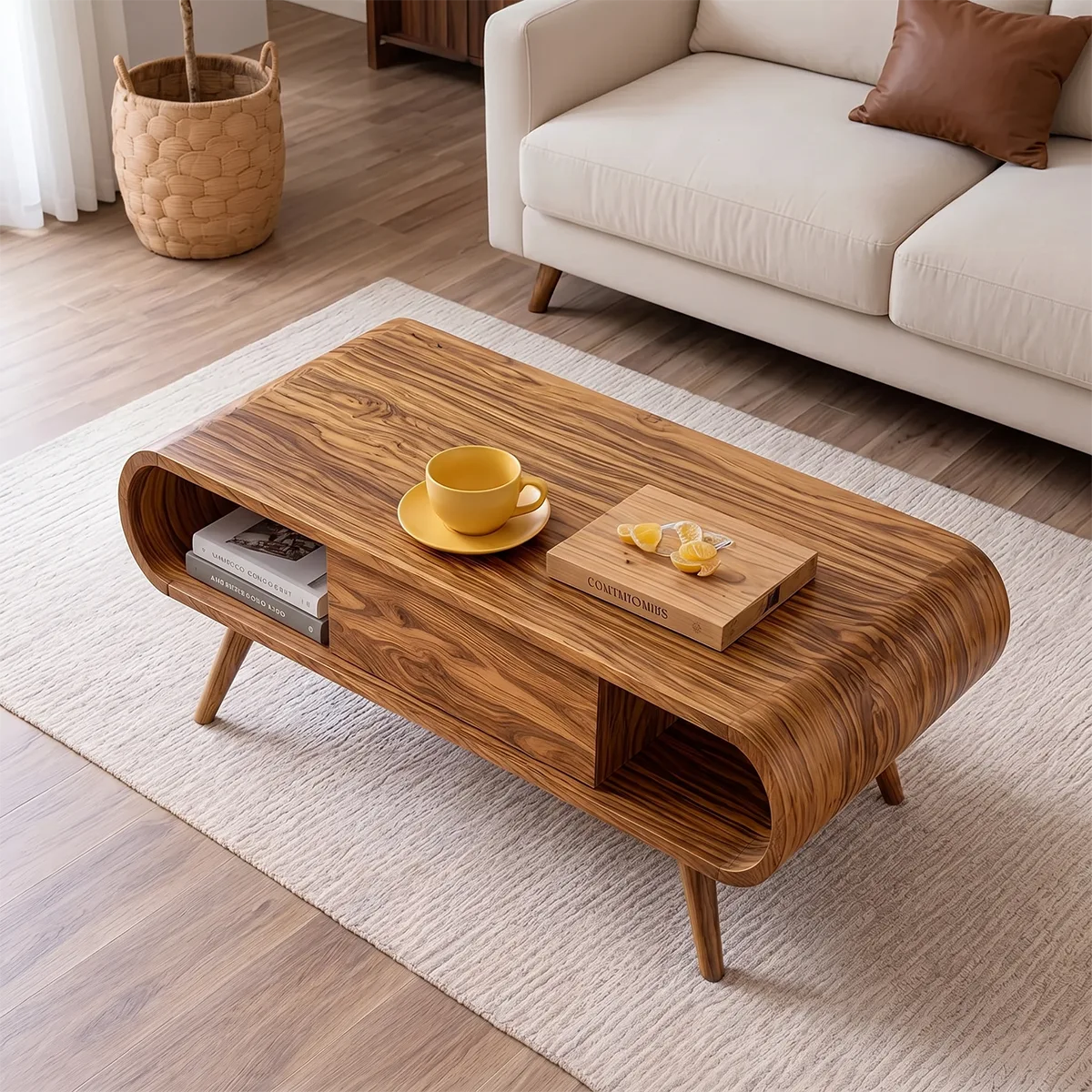 Mid Century Modern Solid Wood Curved Coffee Table with Storage