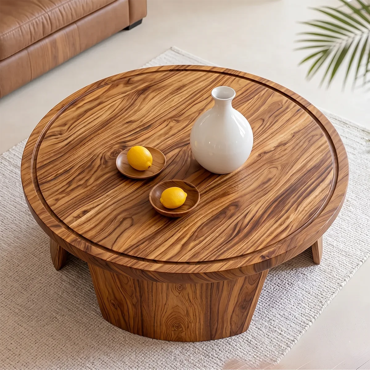 Solid Wood Round Tray Top Coffee Table Handcrafted Sculptural Living Room Table