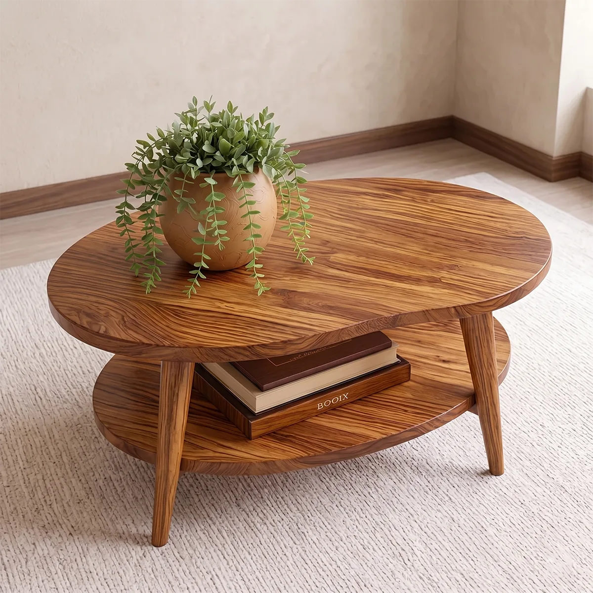 Mid Century Modern Solid Wood Two Tier Oval Coffee Table