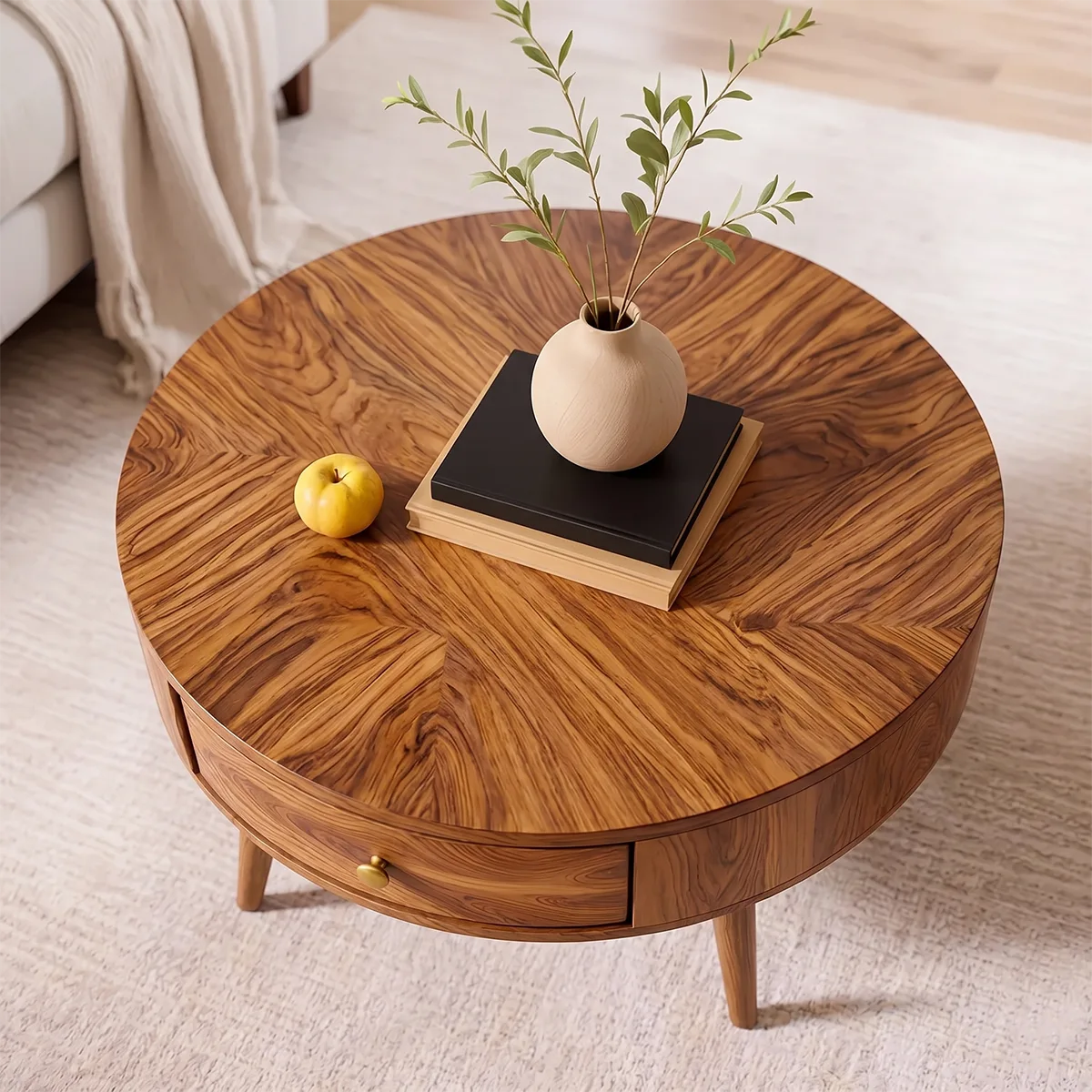 Mid Century Modern Solid Wood Round Drum Coffee Table with Drawer