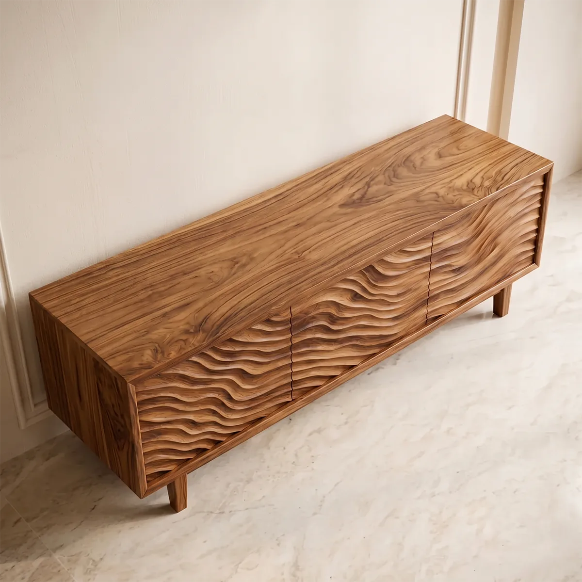 Modern Solid Wood Three Door Wavy Carved TV Stand
