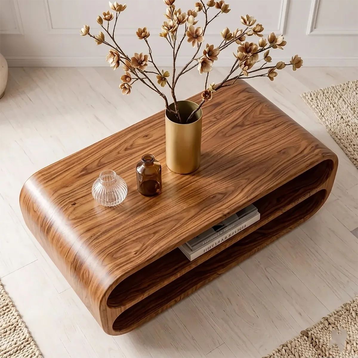 Modern Solid Wood Rounded Coffee Table with Double Open Storage