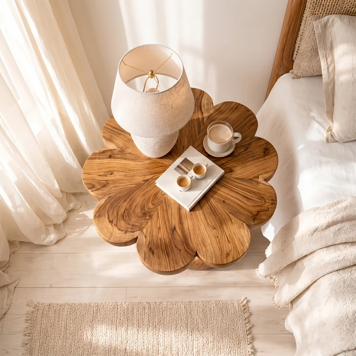Flower-Shaped Wooden Nightstand With Sculptural Twisted Base