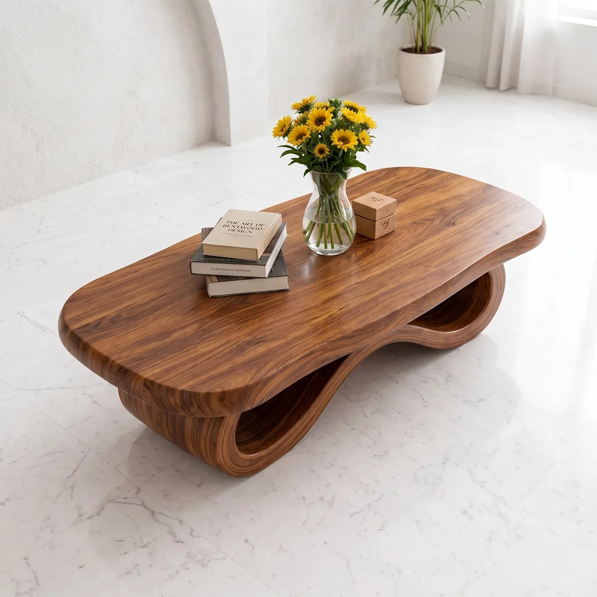 Modern Solid Wood Sculptural Coffee Table with Ribbon Base