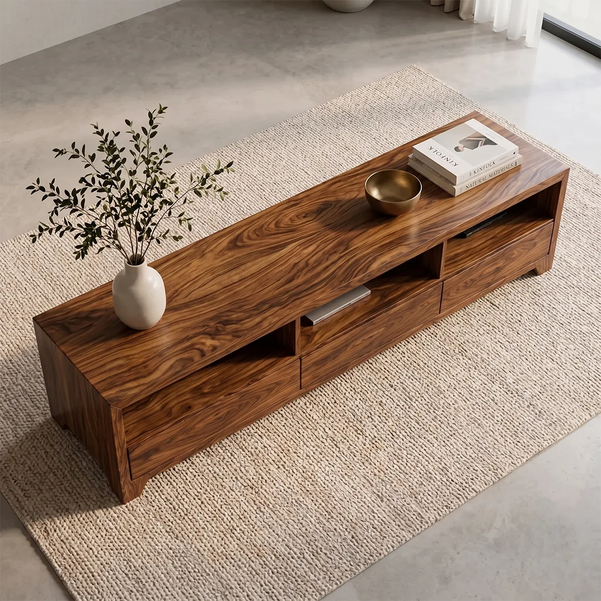 Minimalist Media Console with Open Shelves and 3 Drawers