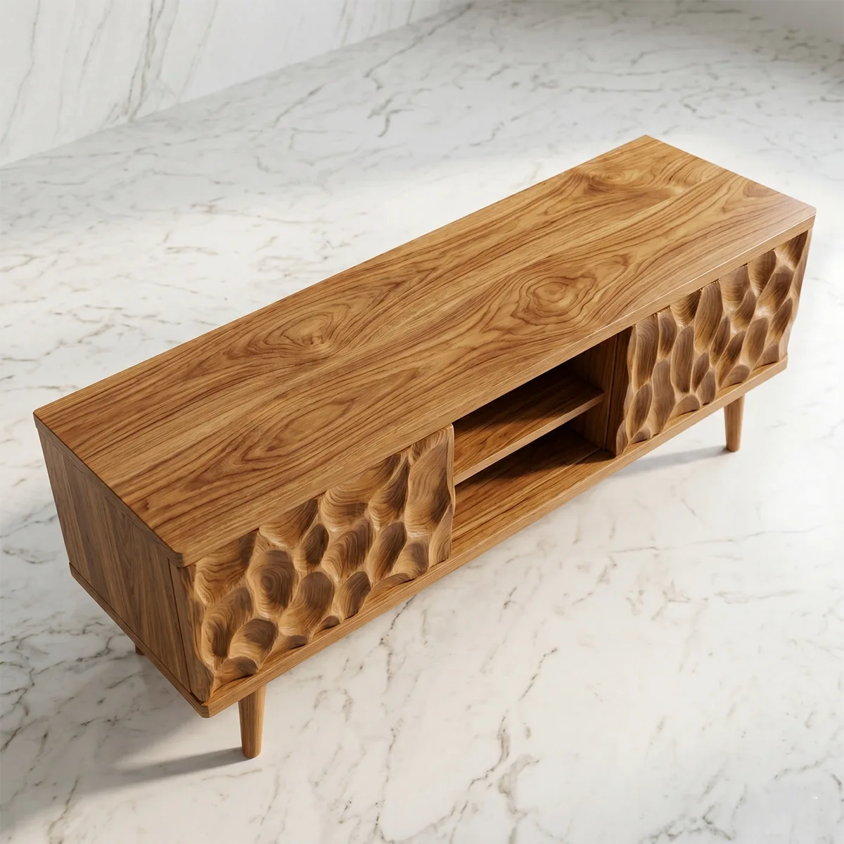 Sculpted Wood TV Stand with Open Center Shelves and Textured Doors