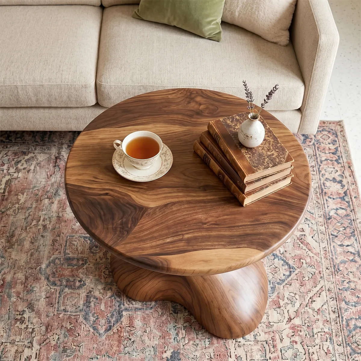 Sculptural Solid Wood Side Table, Round Pedestal End Table TH003-1065