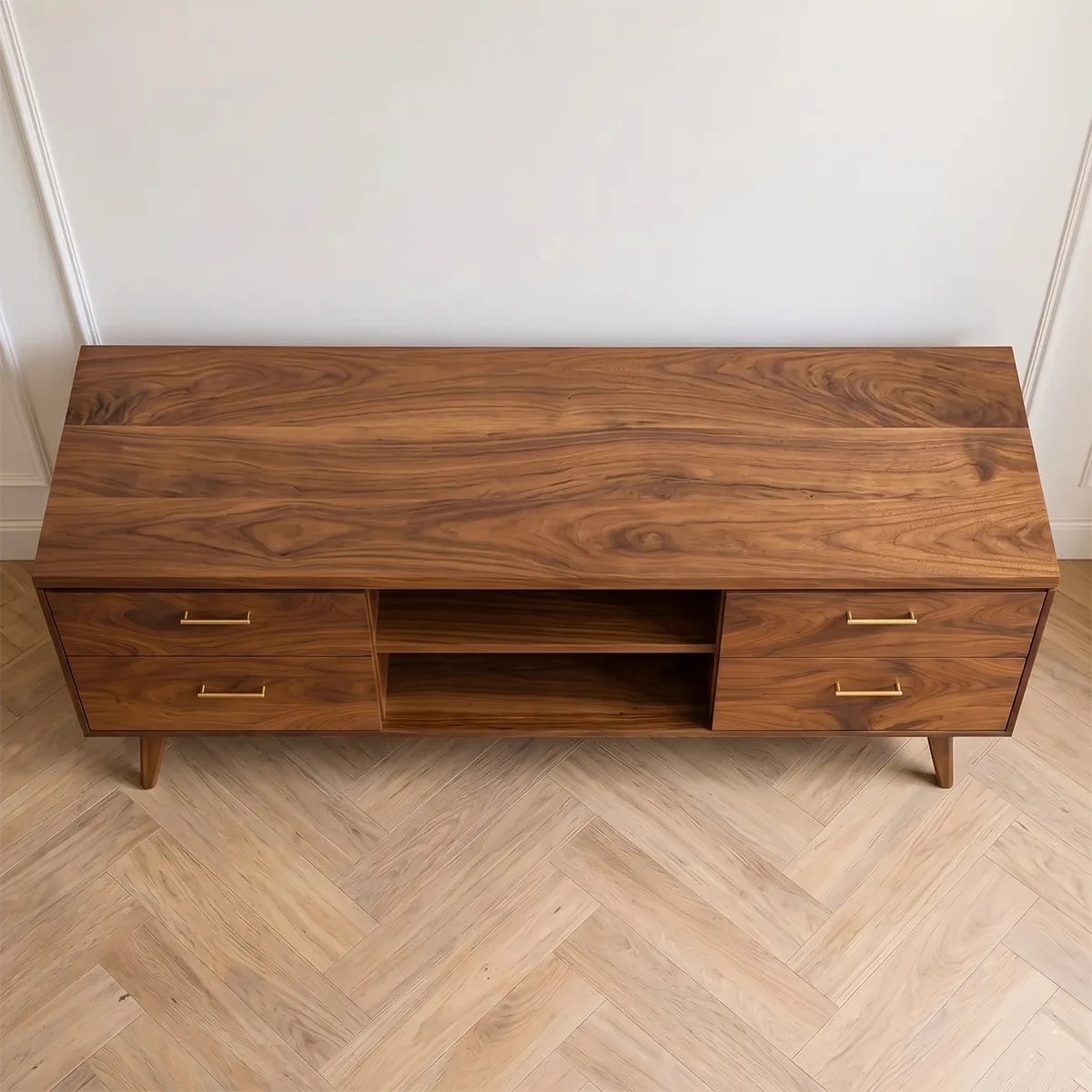 Solid Wood TV Stand with 4 Drawers and Open Center Shelves
