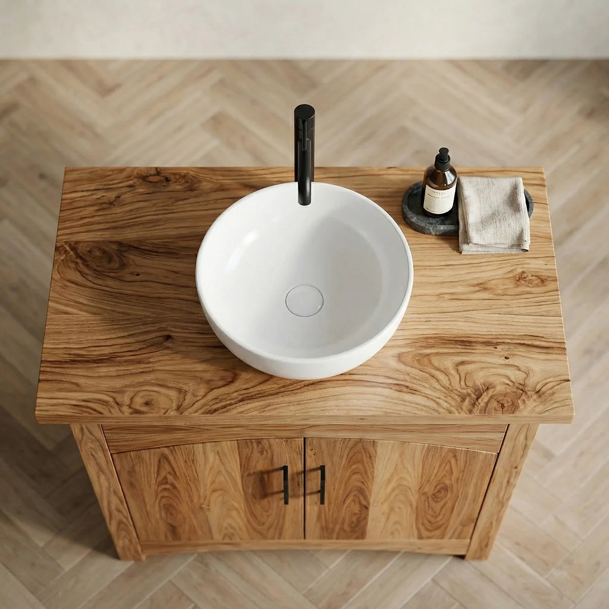 Modern Solid Wood Bathroom Vanity Cabinet with Curved Double Doors