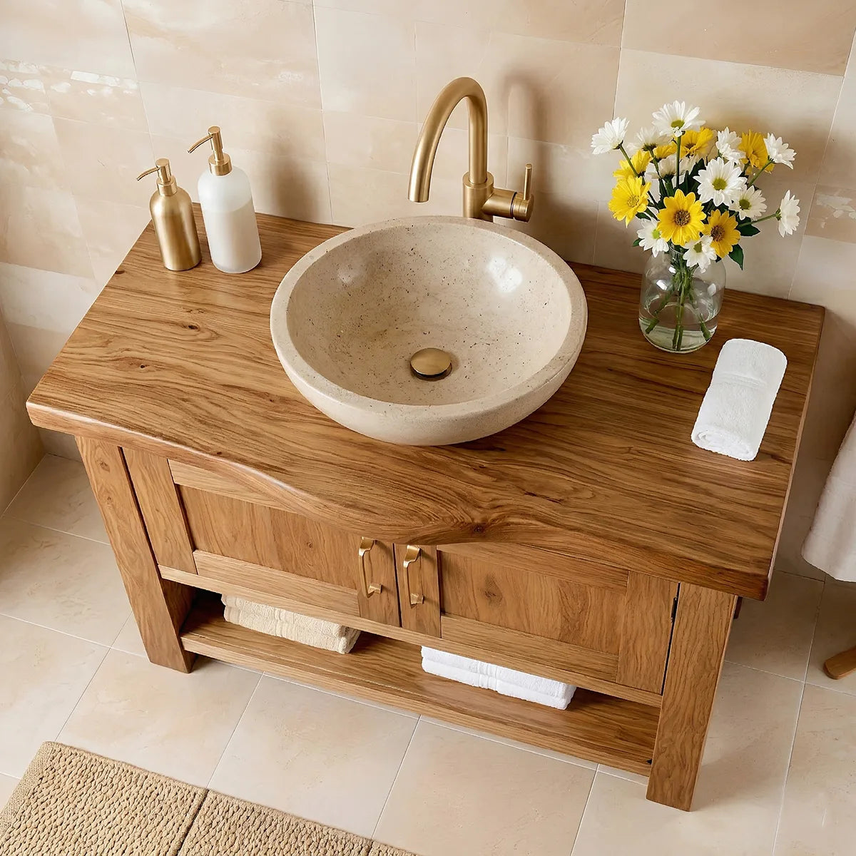 Handcrafted Natural Solid Wood Vanity Cabinet with Double Doors and Open Shelf