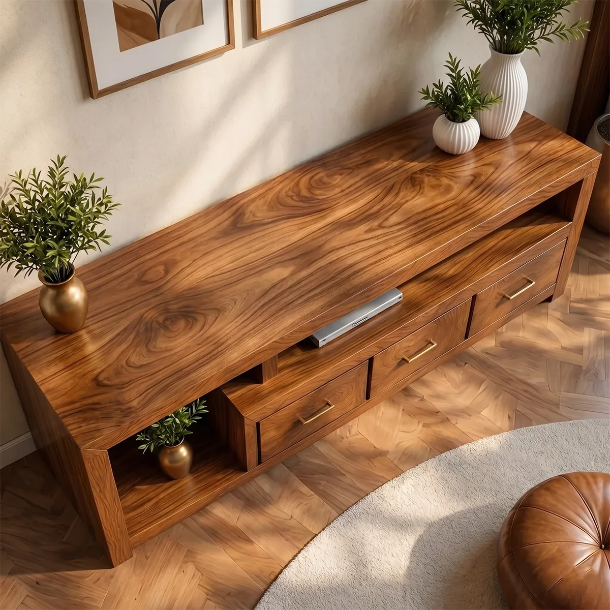 Solid Wood TV Stand with Open Shelves and 3 Drawers