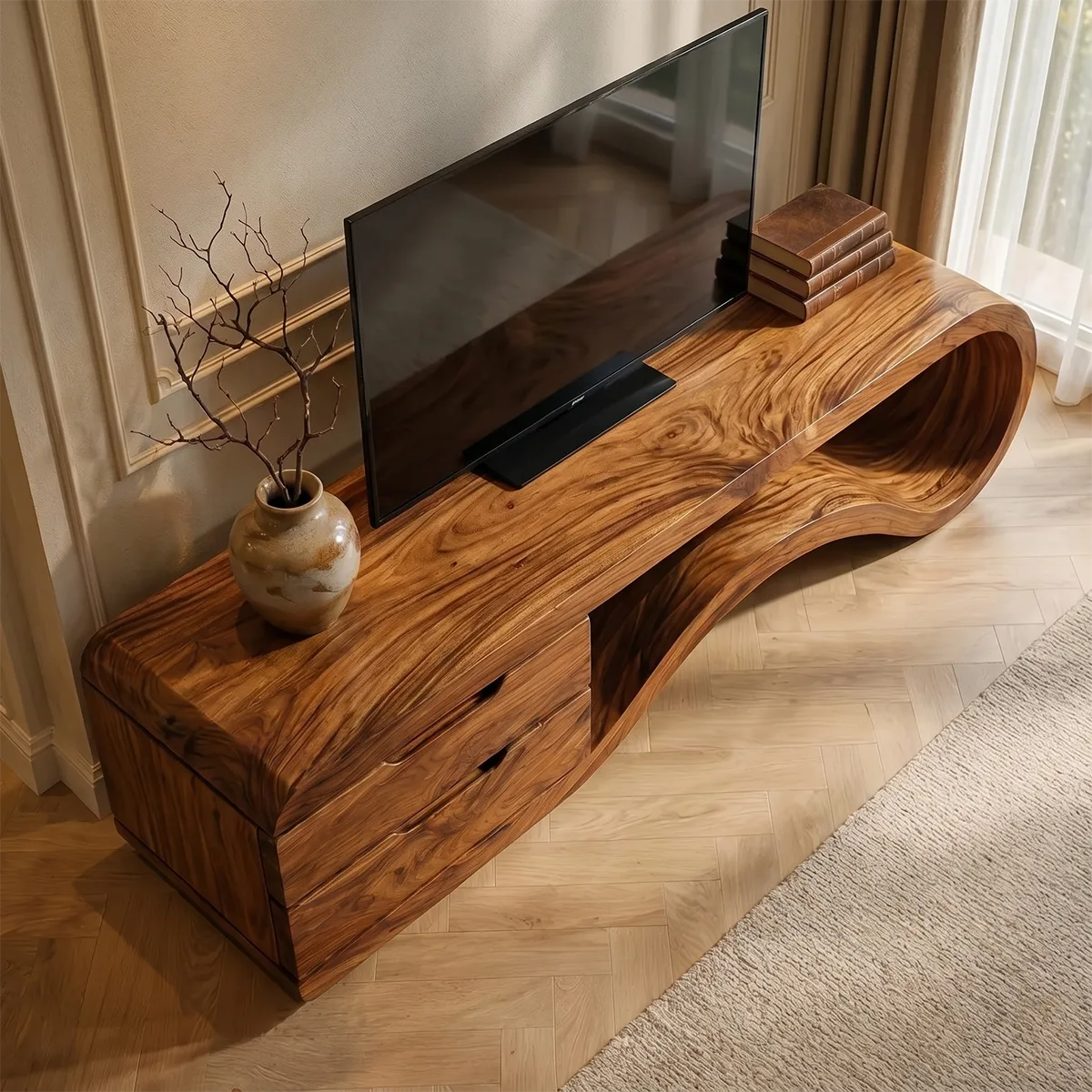 Solid Wood TV Console with Sculptural Wave Shelf and 2 Drawers