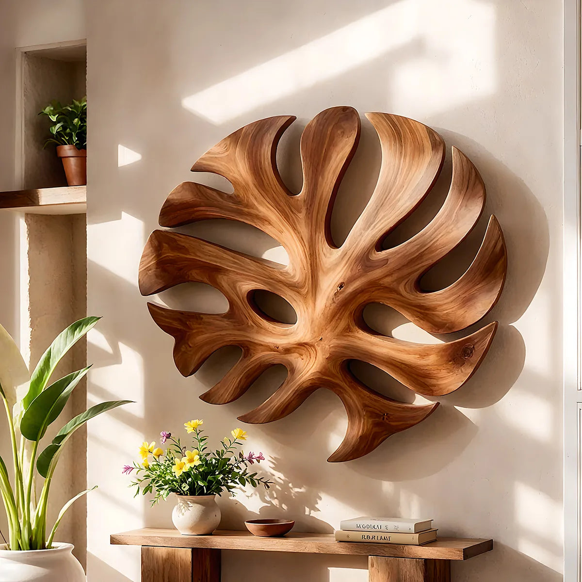 Round Monstera Leaf Wood Wall Art | Tropical Botanical Wooden Wall Decor for Living Room, Bedroom & Entryway TT006-2435