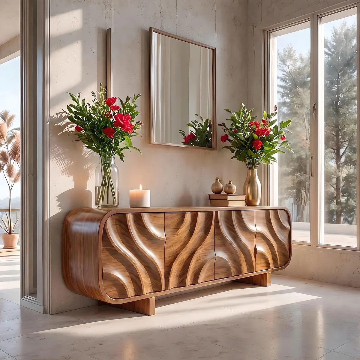 Modern Organic Sideboard Cabinet with Sculpted Wood Doors | Contemporary Storage Credenza TT006-3641
