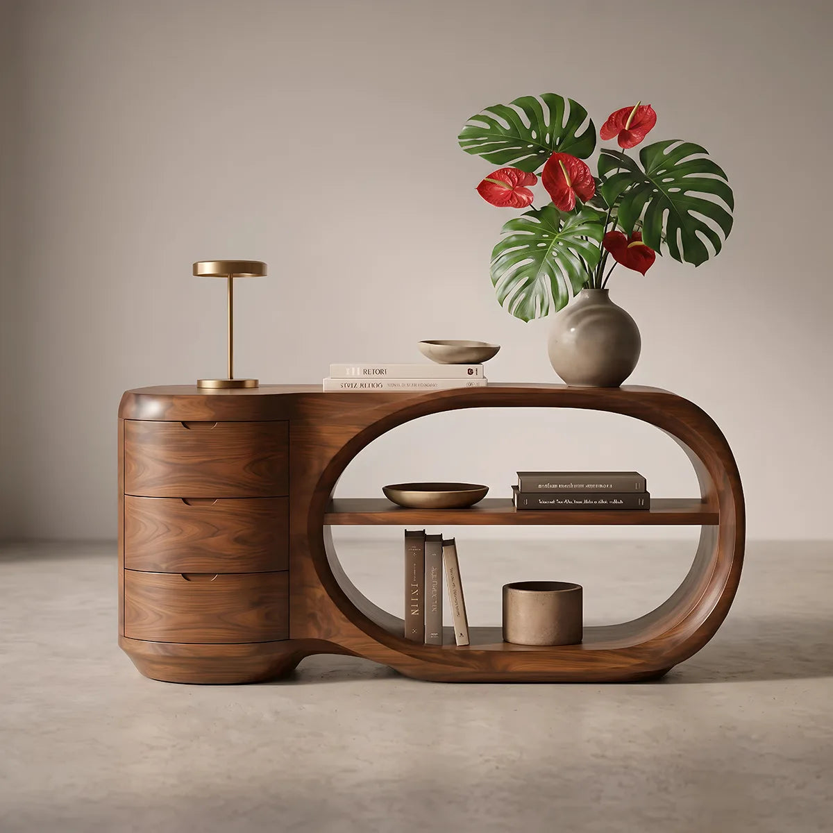 Modern Organic Storage Console Table with 3 Drawers & Open Shelves | Solid Wood Entryway Console TT006-7304