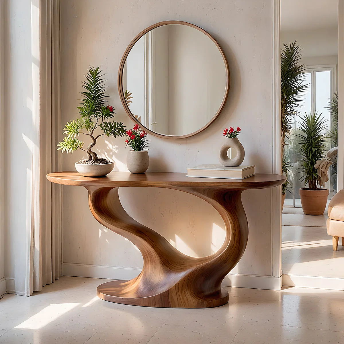 Modern Organic Console Table with Sculptural Solid Wood Base | Contemporary Entryway Console TT006-8689