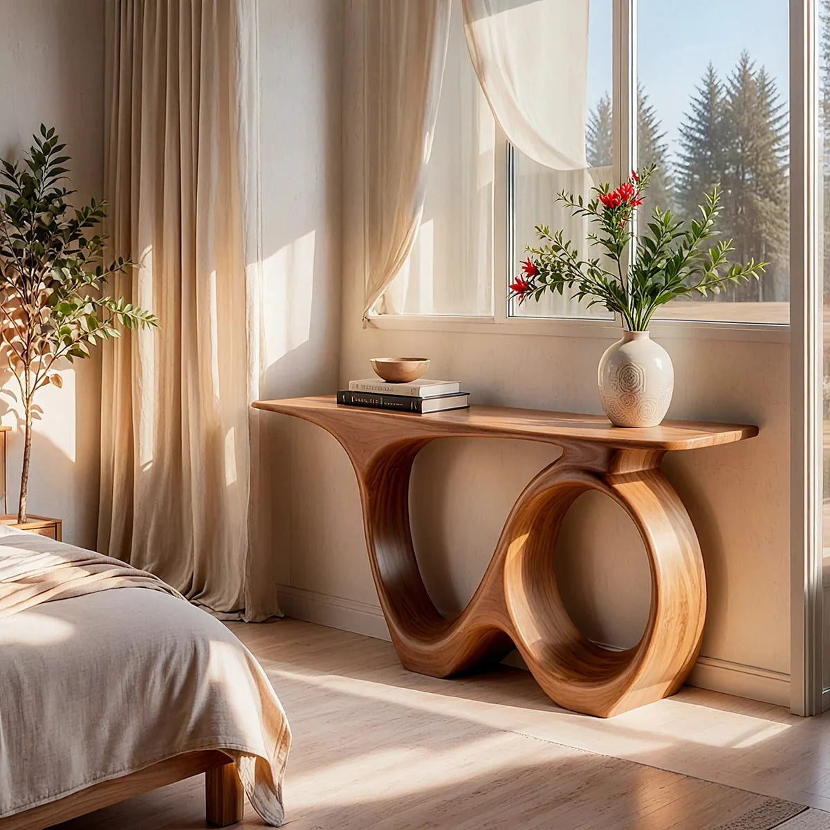 Modern Organic Console Table with Sculptural Solid Wood Base | Contemporary Entryway Console TT006-7937