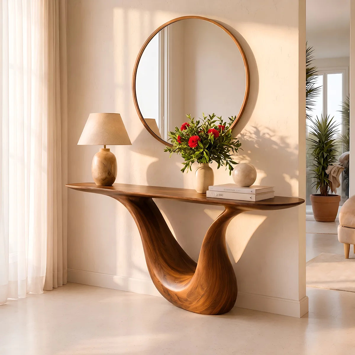 Modern Organic Console Table with Sculptural Solid Wood Base | Luxury Entryway Hall Console TT006-9584