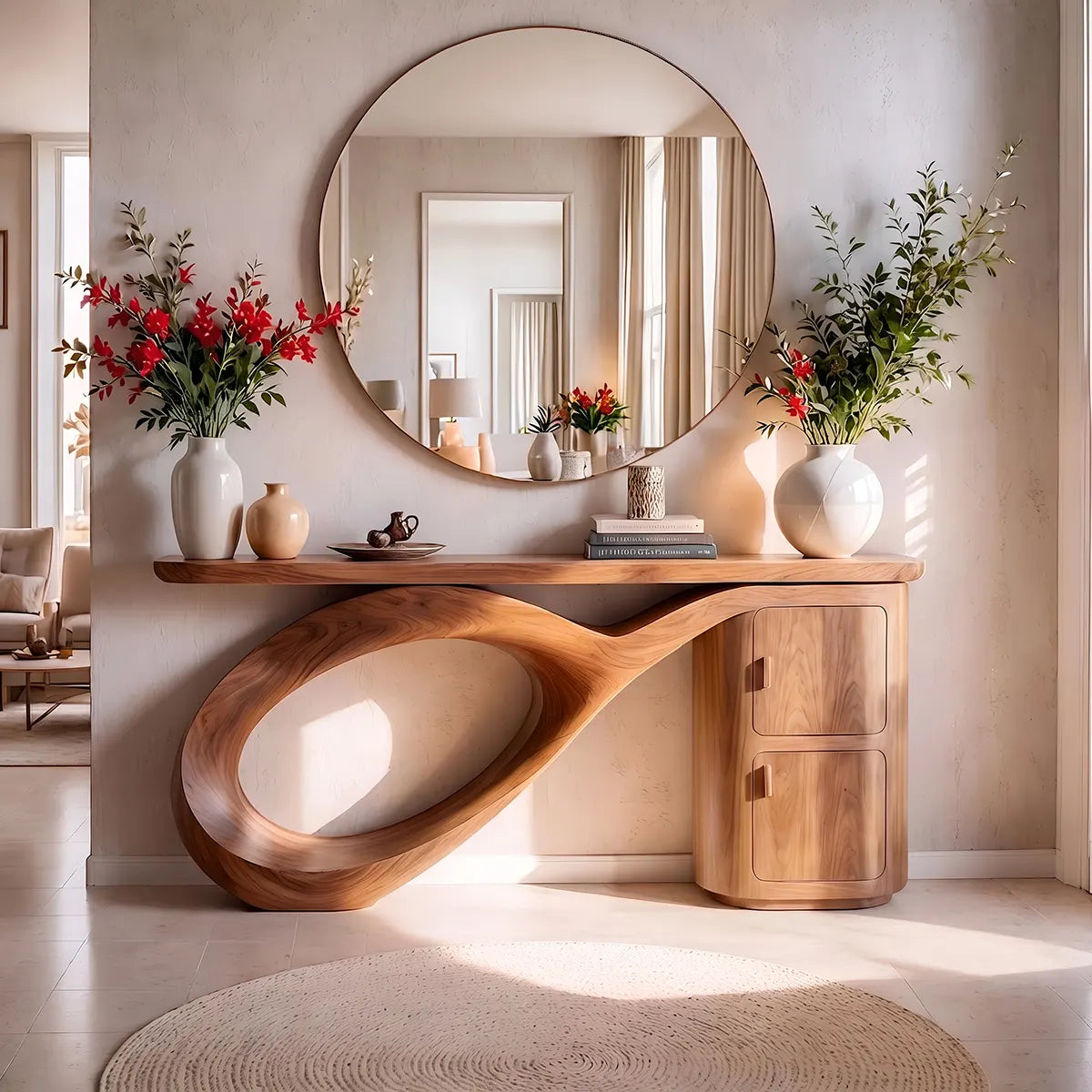 Modern Organic Console Table with Sculptural Wood Base & Storage Cabinet | Luxury Entryway Table TT006-9943