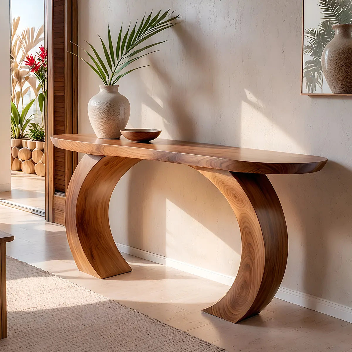 Modern Arch Base Console Table | Solid Wood Entryway Hallway Accent Table with Sculptural Pedestals TT006-9247