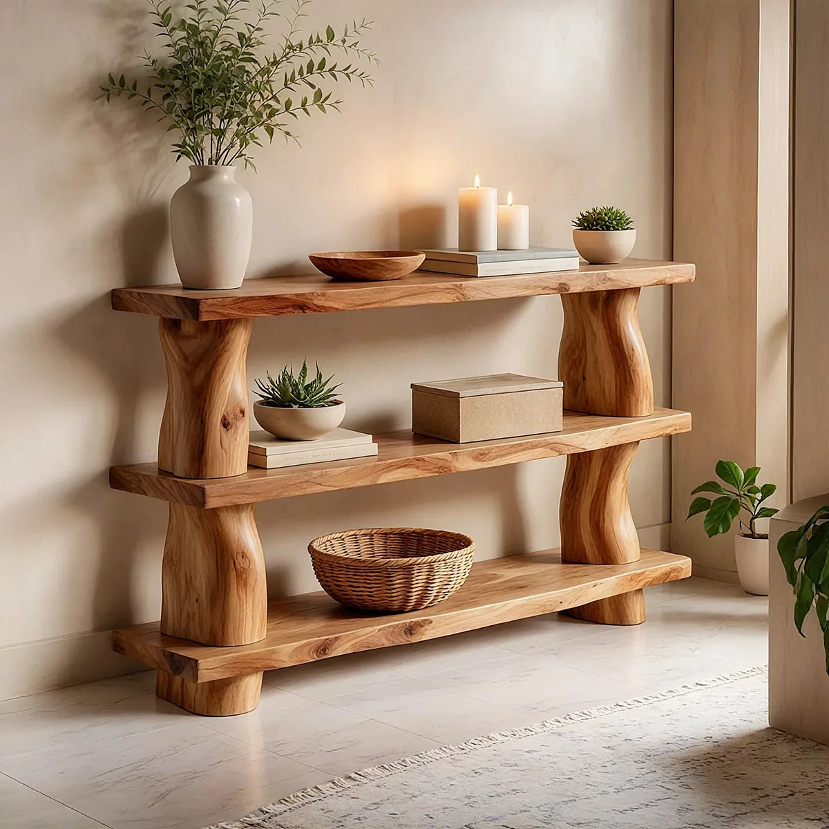 Rustic Solid Wood Console Table with Open Shelves | Farmhouse Entryway Display Table TT006-3252