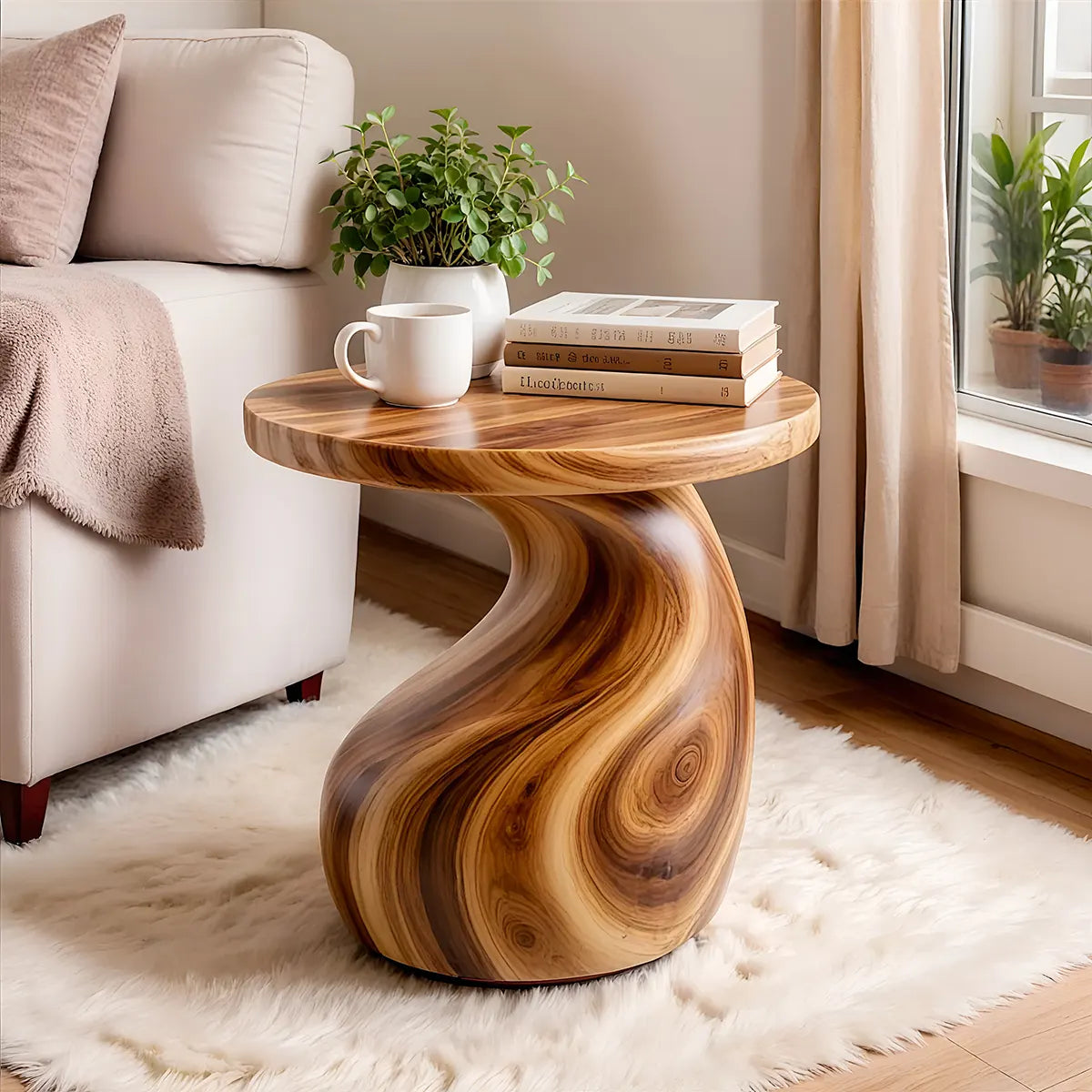 Sculptural S-Curve Wood End Table | Round Organic Pedestal Side Table TT006-2YGL2AE