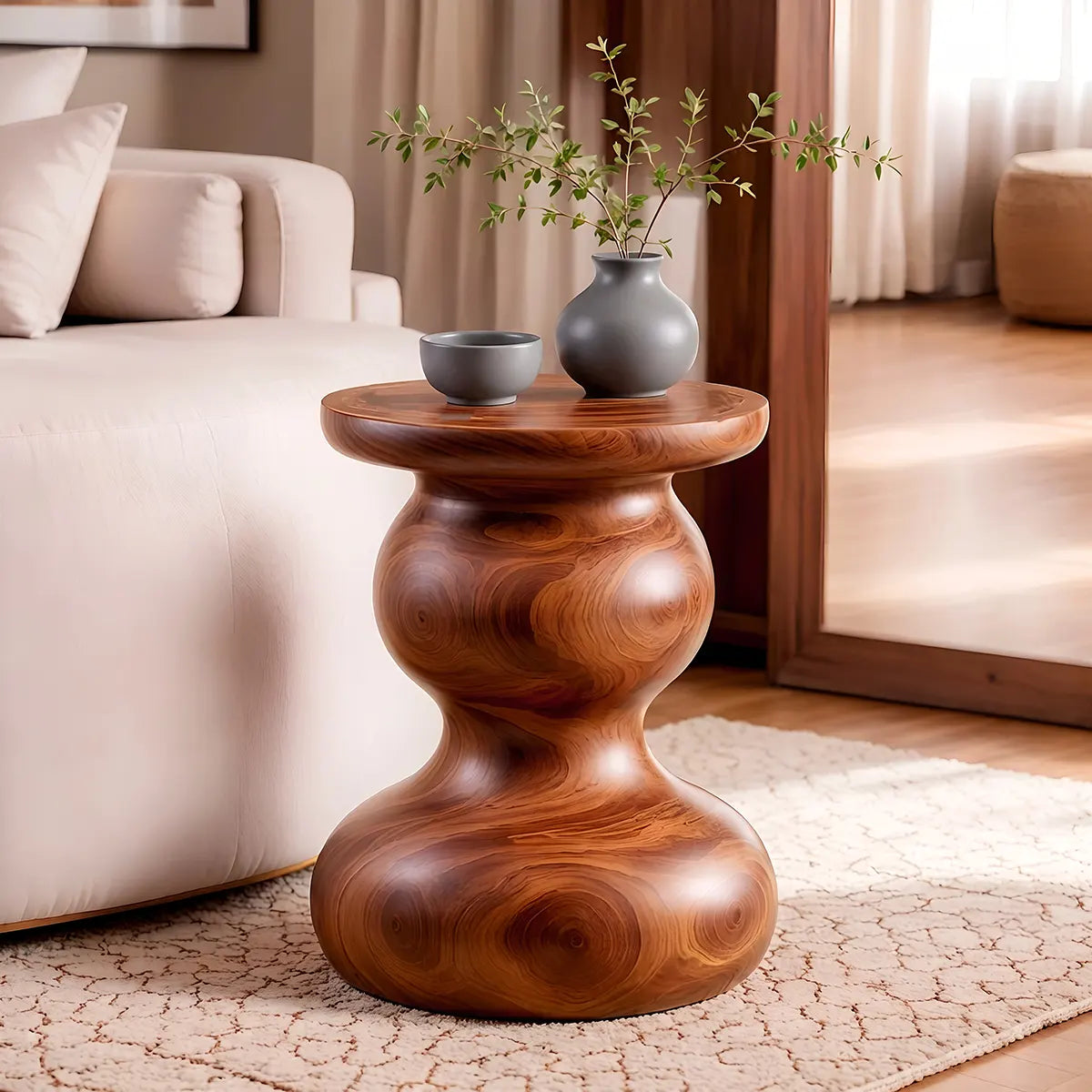 Sculptural Double Gourd Wood End Table | Round Pedestal Side Table TT006-3BUA5AI