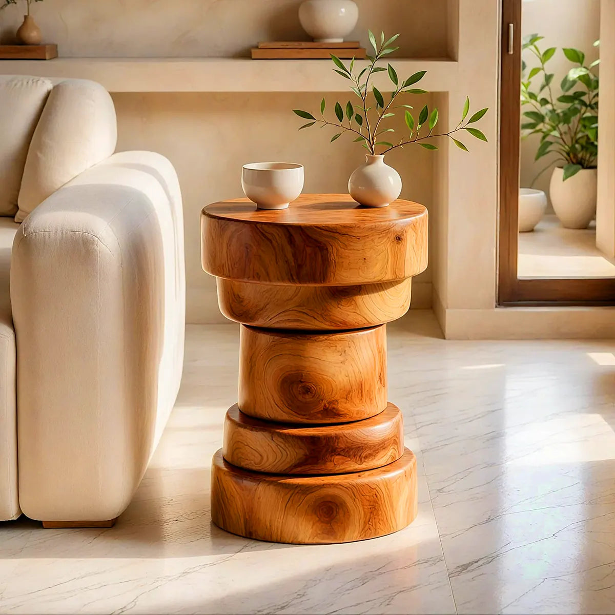 Sculptural Stacked Drum Wood End Table | Round Pedestal Side Table TT006-3TKS6LF