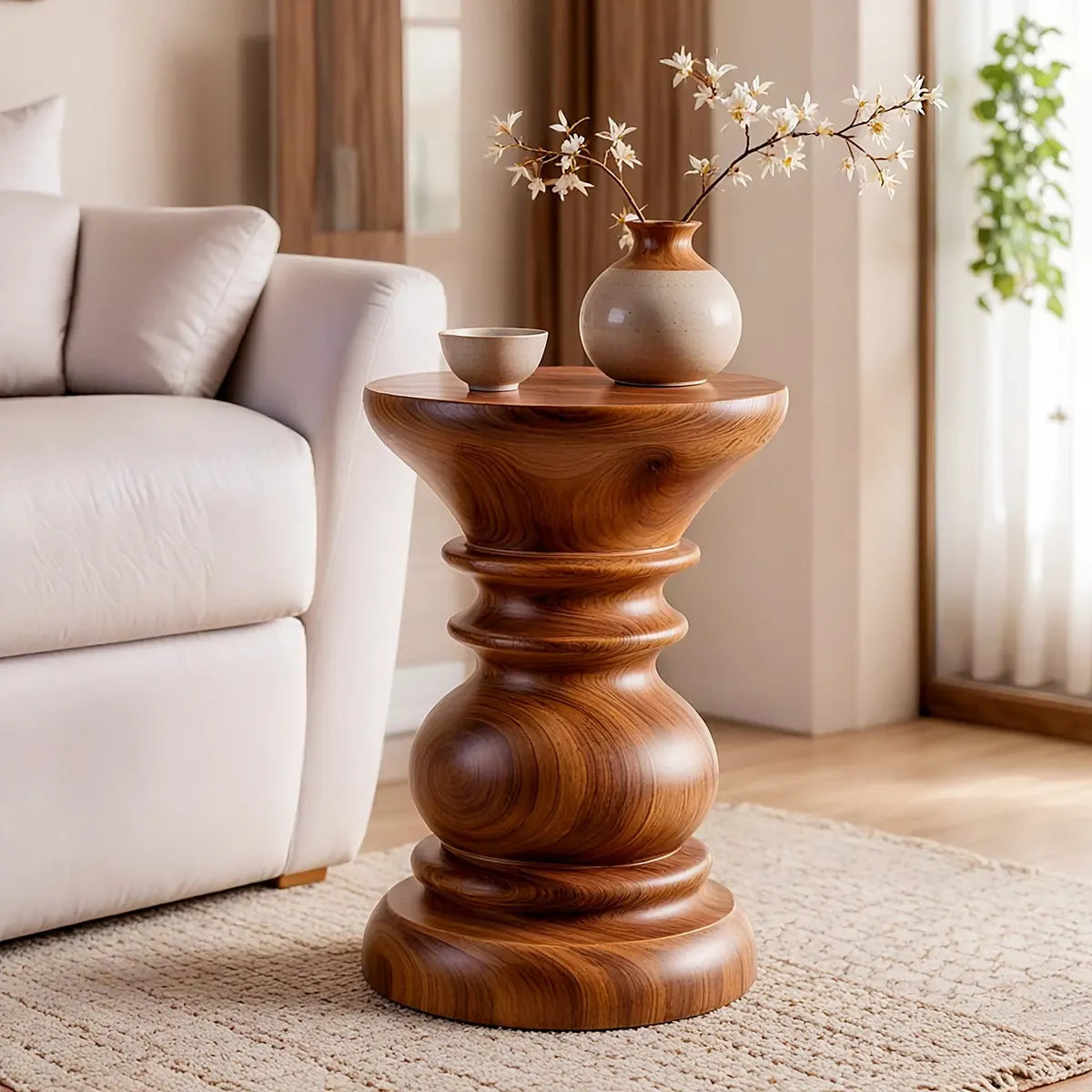 Sculptural Turned Wood Pedestal End Table | Round Accent Side Table TT006-1BIY6KO