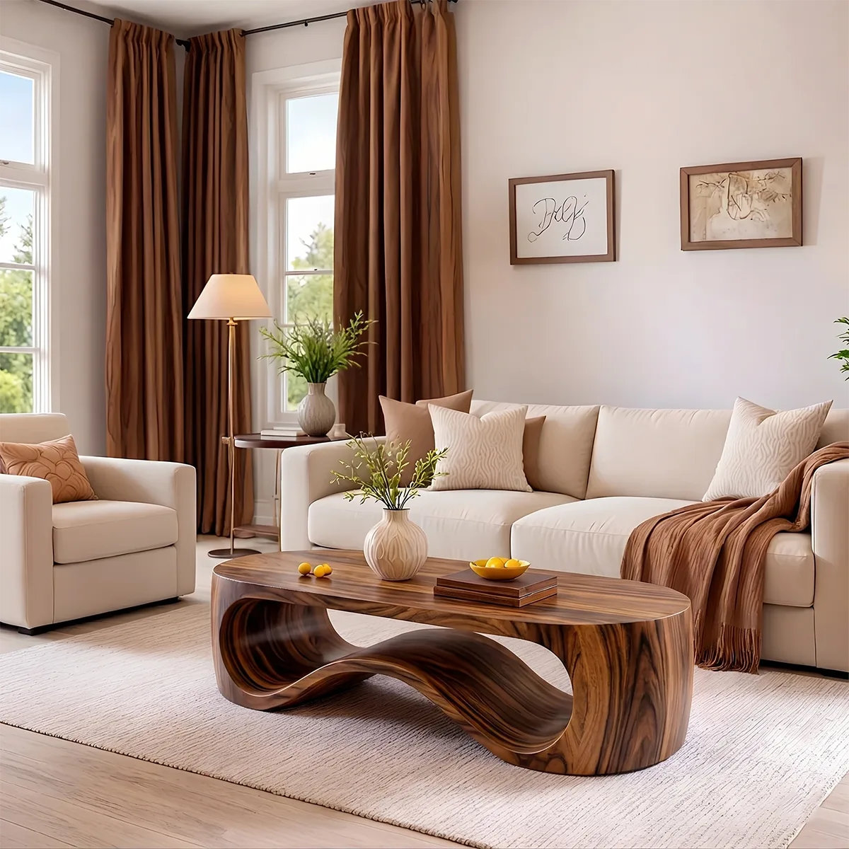Modern Solid Wood Sculptural Coffee Table with Organic Wave Design