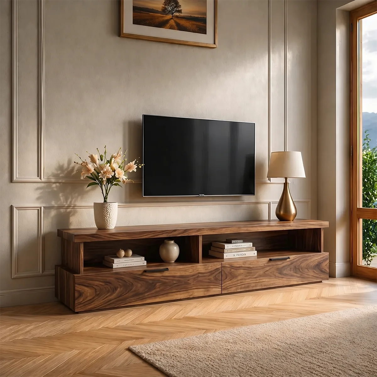 Modern Wood TV Stand with Open Shelves and 2 Drawers