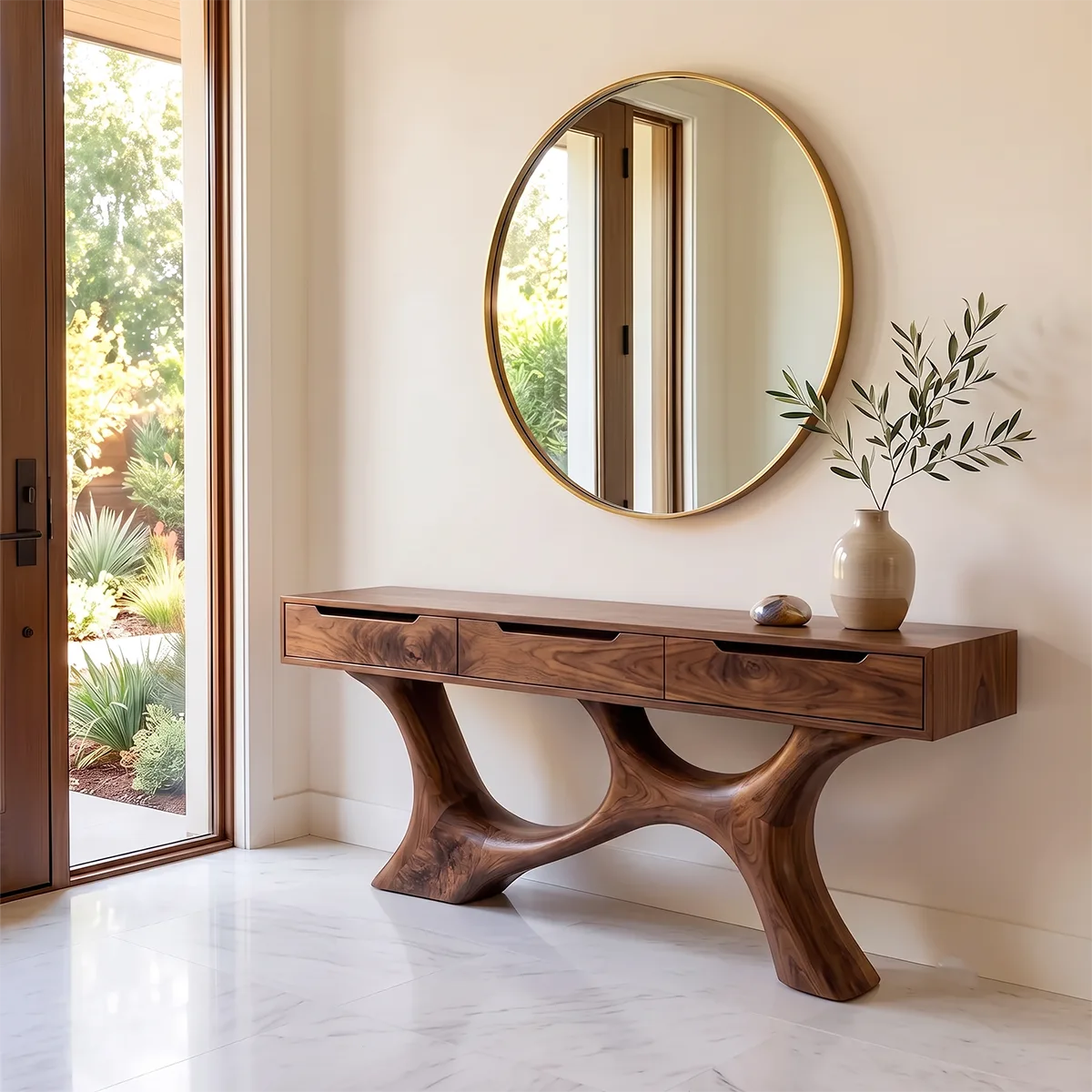 Modern Storage Console Table with Sculptural Base – Contemporary Entryway Table with Drawers TH003-9771