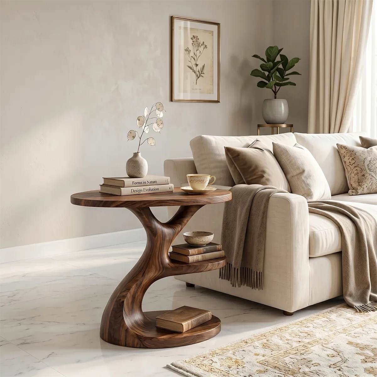 Sculptural Solid Wood End Table with Shelves | Organic Design TH003-3115