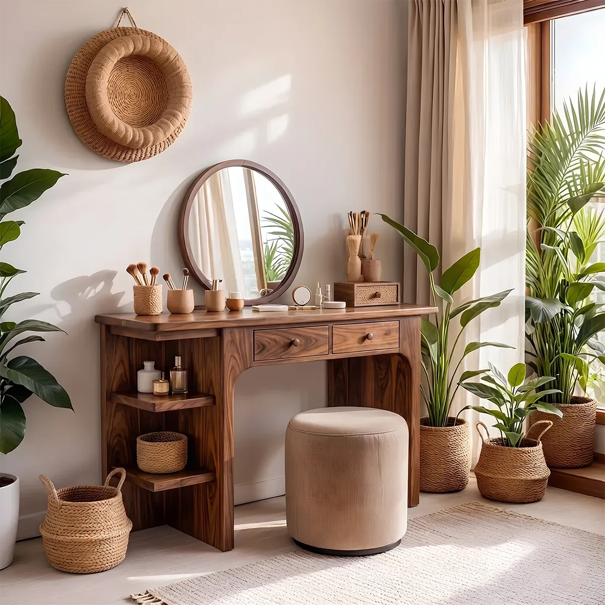 Scandinavian Solid Wood Vanity Desk with Mirror and Open Shelf Storage