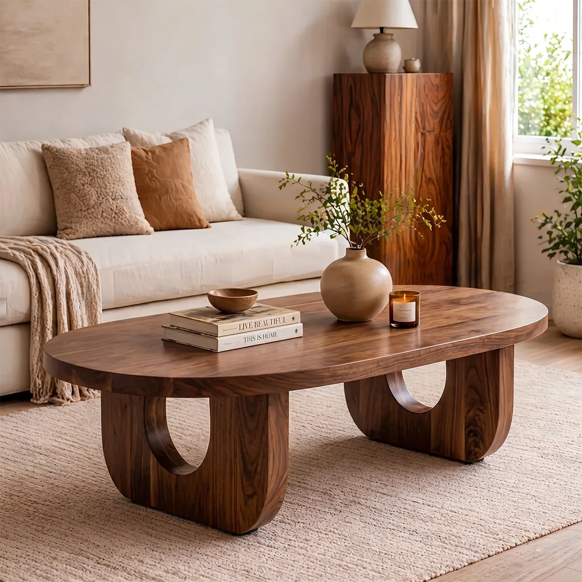 Modern Solid Wood Oval Coffee Table with Sculptural Cutout Legs