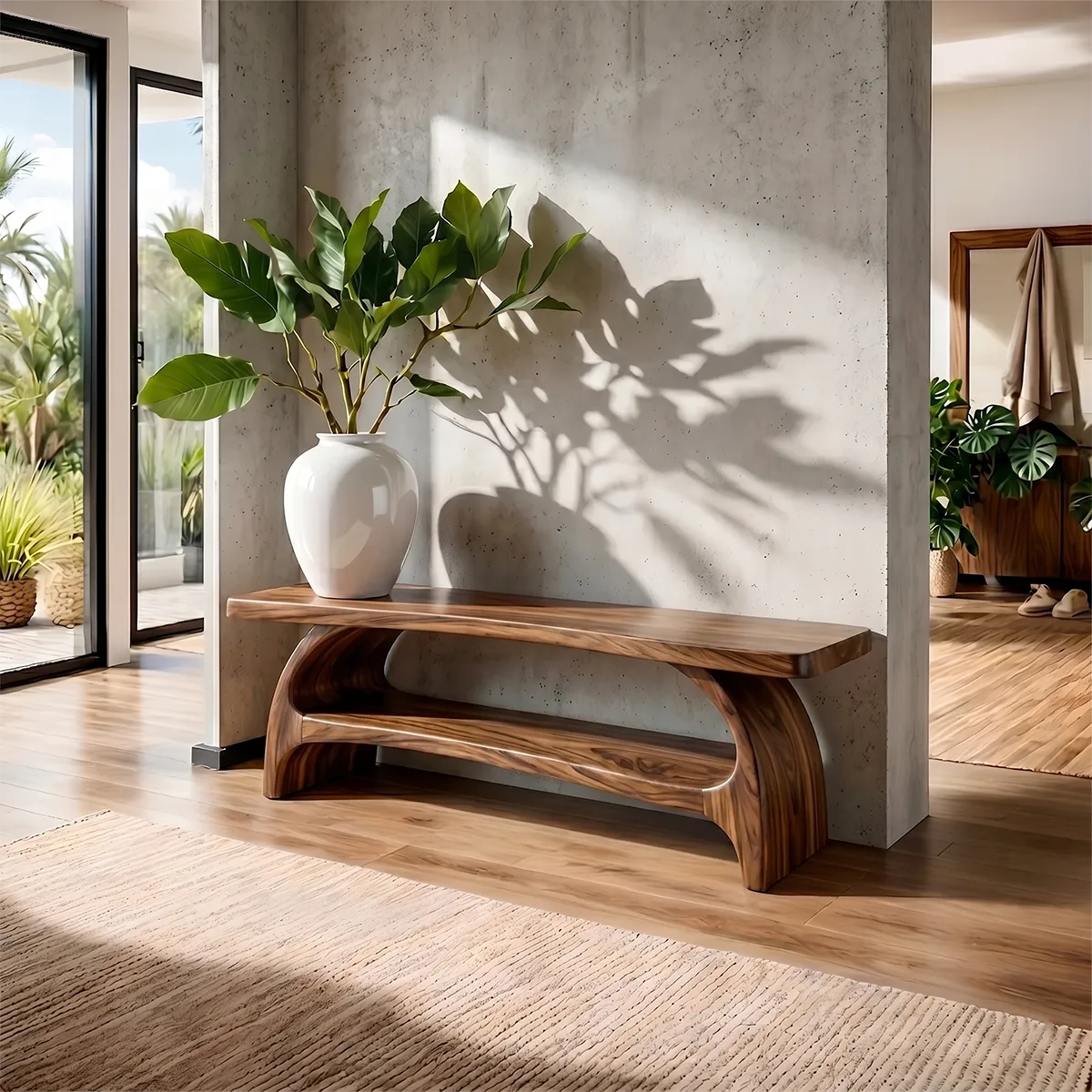 Handcrafted Solid Wood Entryway Bench with Sculptural Shelf for Modern Organic Interiors