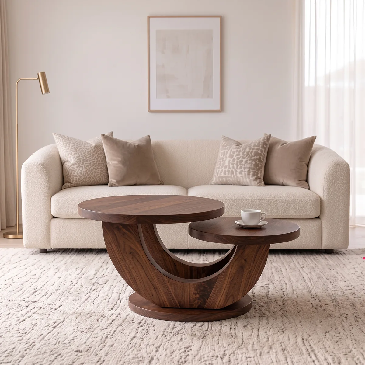 Sculptural Two-Tier Round Coffee Table with Curved Base | Organic Modern Living Room Table TH003-3SBR5VG