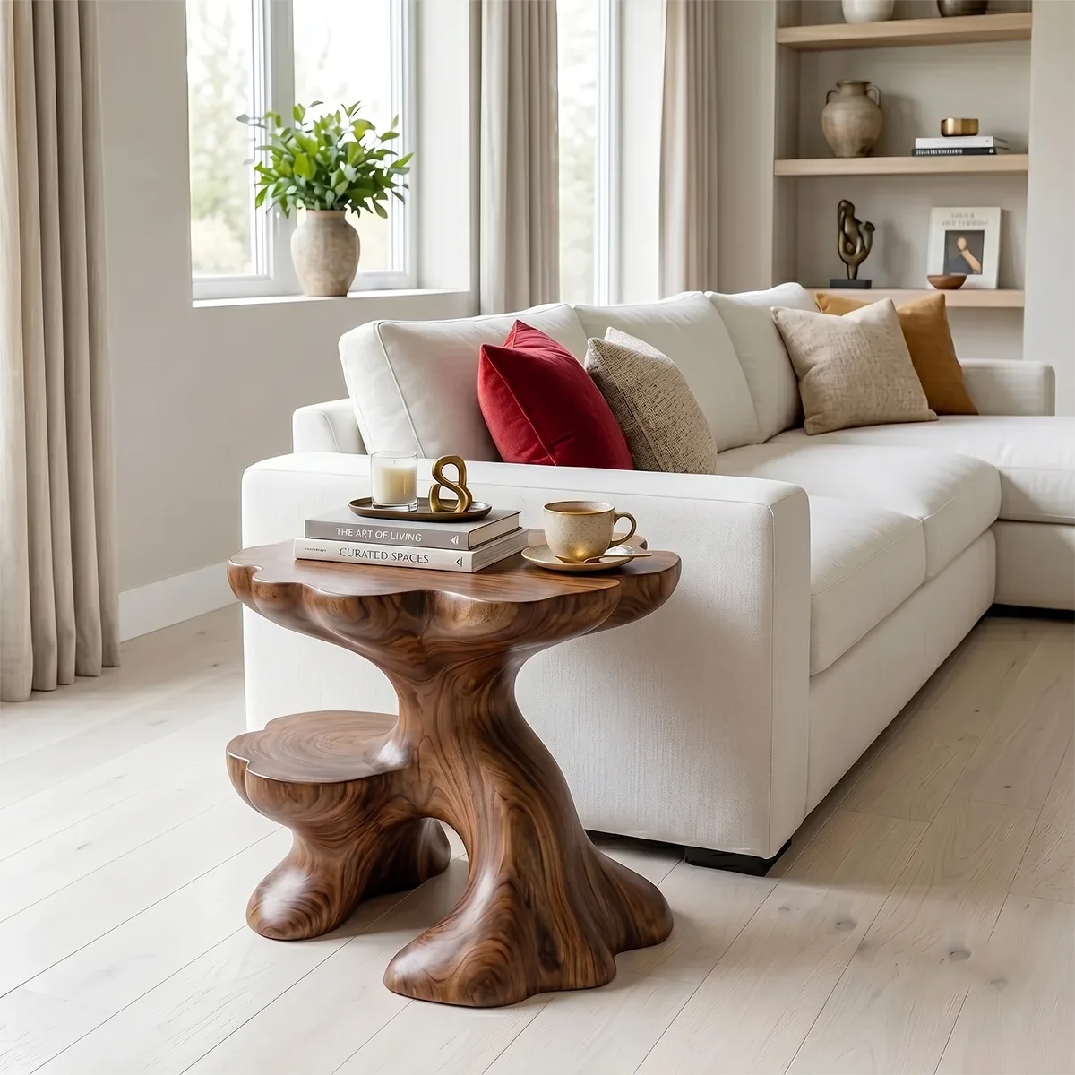 Sculptural Solid Wood Side Table with Shelf | Organic End Table TH003-9908