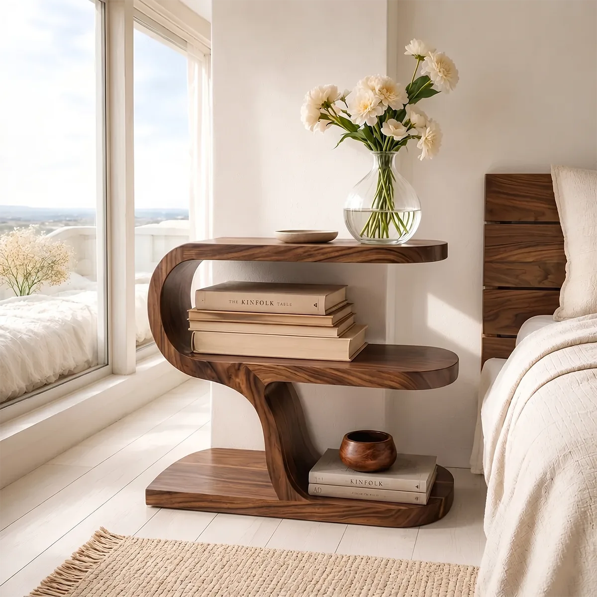 Modern Sculptural Wooden Nightstand with Open Storage Shelves